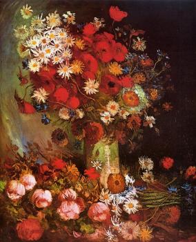 Vase with Poppies, Cornflowers, Peonies and Chrysanthemums